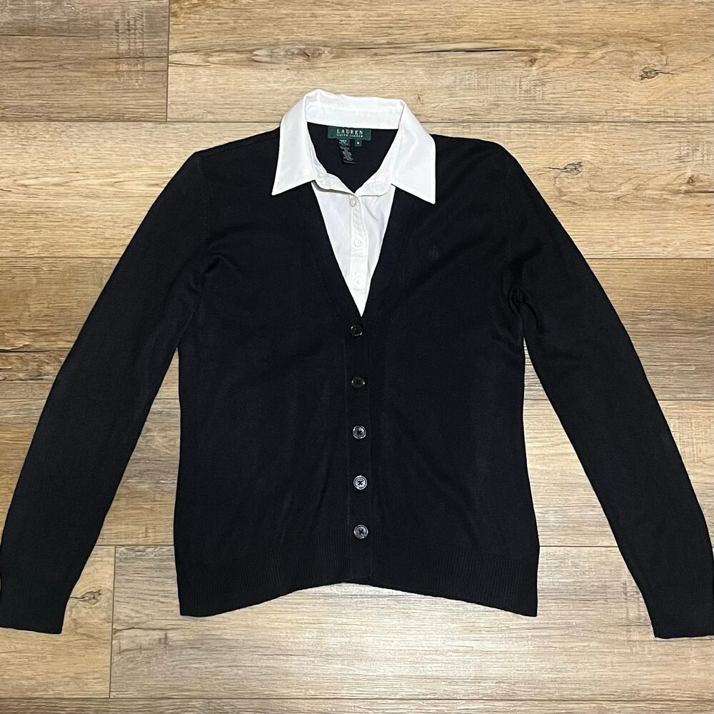 Lauren Ralph Lauren Cashmere Silk Cardigan Sweater Women's M Black Preppy Luxury - Picture 2 of 7